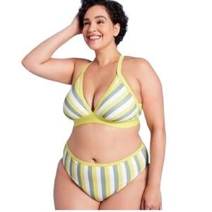 Kona Sol Triangle Multi Stripe Yellow White Green Bikini